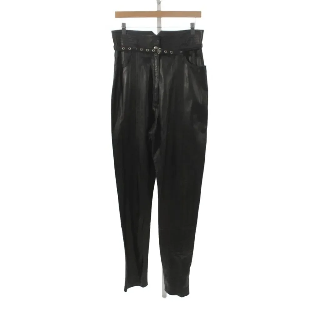 Designer Women Black Leather Paperbag Pants Biker Zip Inseam 36 Size 6